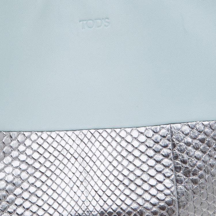 Pre Owned Tod's Silver/Light Blue Python and Leather Horse Block Media Tote