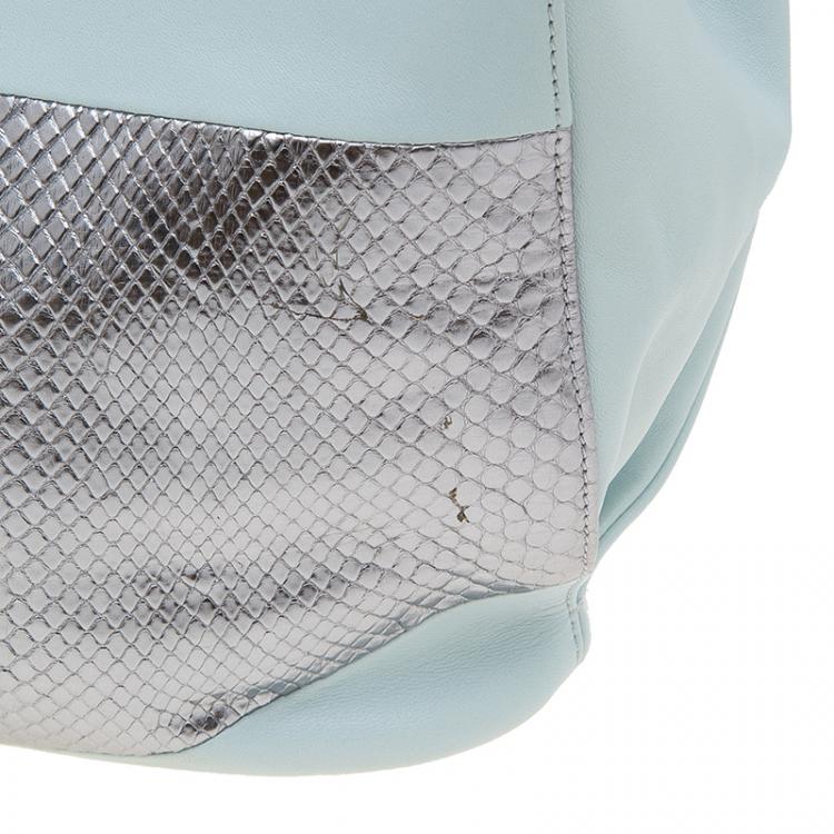 Pre Owned Tod's Silver/Light Blue Python and Leather Horse Block Media Tote