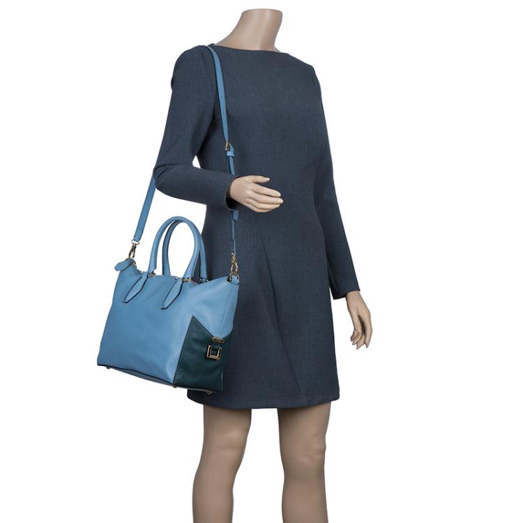 Pre Owned Tod's Carolina Blue/Green Leather Small CC Zip Tote Bag
