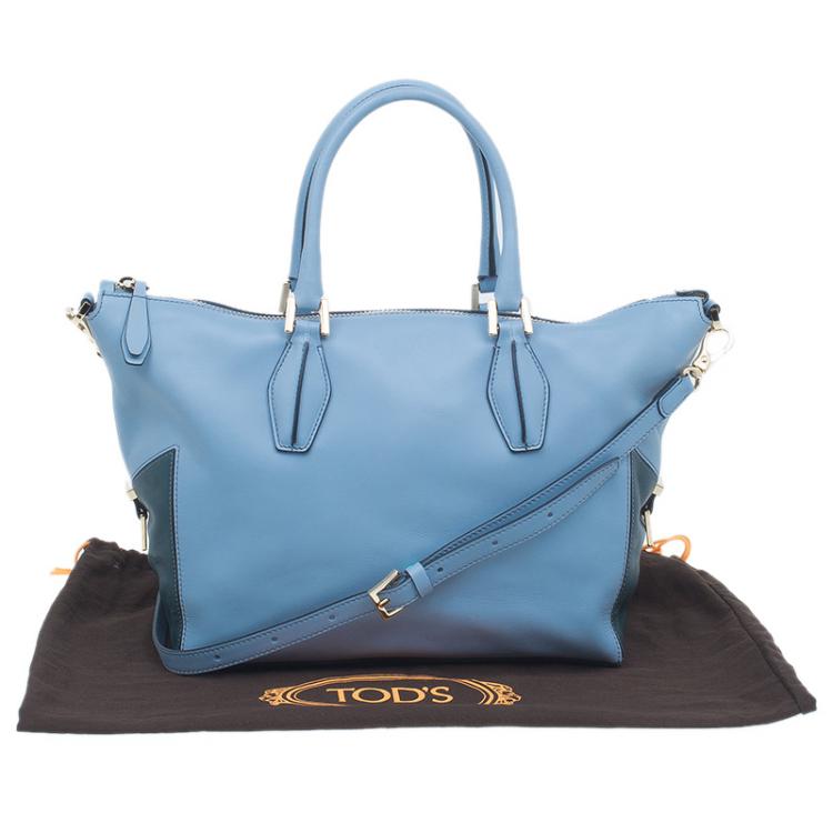 Pre Owned Tod's Carolina Blue/Green Leather Small CC Zip Tote Bag