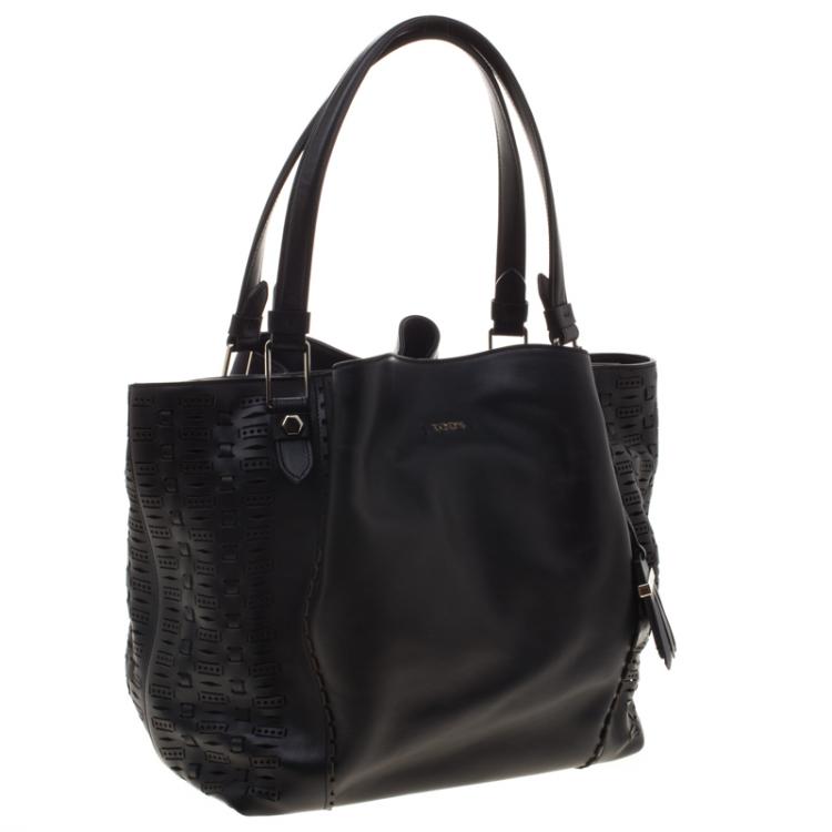 Pre Owned Tod's Black Leather Shopping Zip Tote
