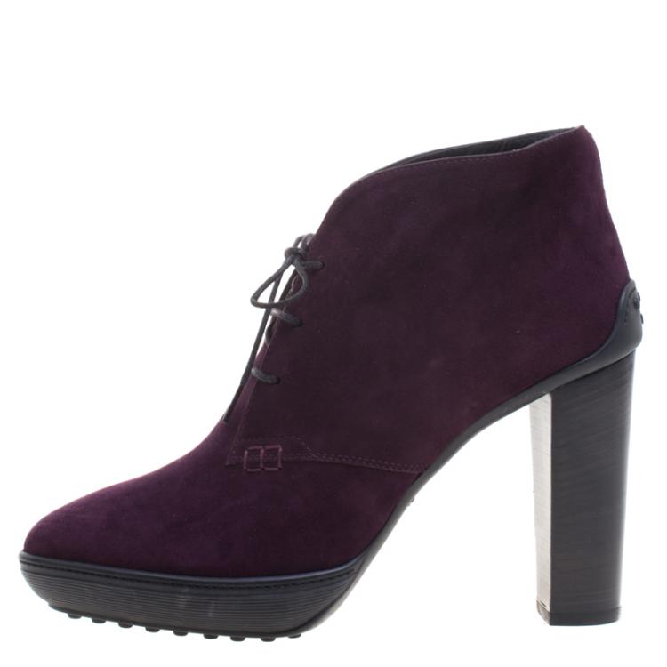 Pre Owned Tod's Purple Suede Block Heel Lace Up Boots Size 40