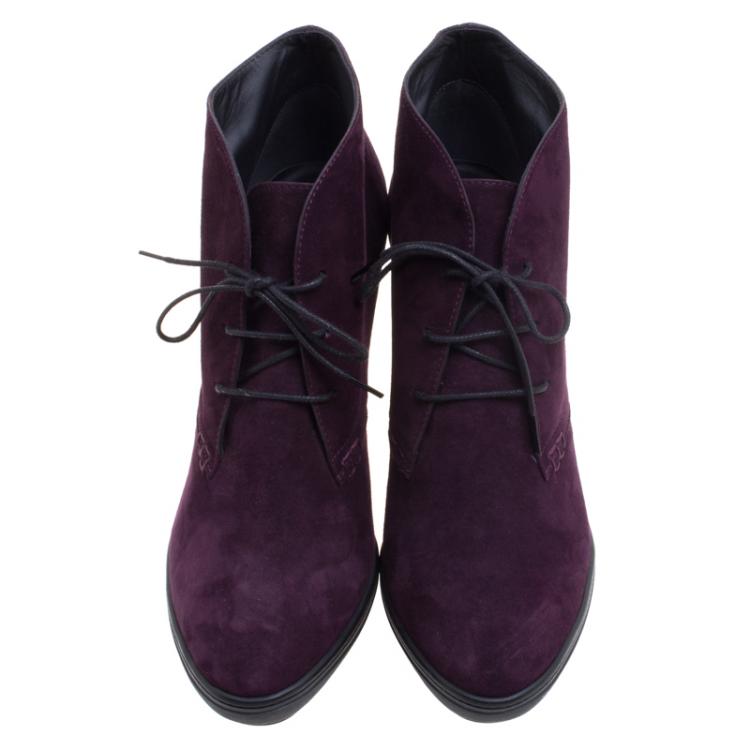Pre Owned Tod's Purple Suede Block Heel Lace Up Boots Size 40