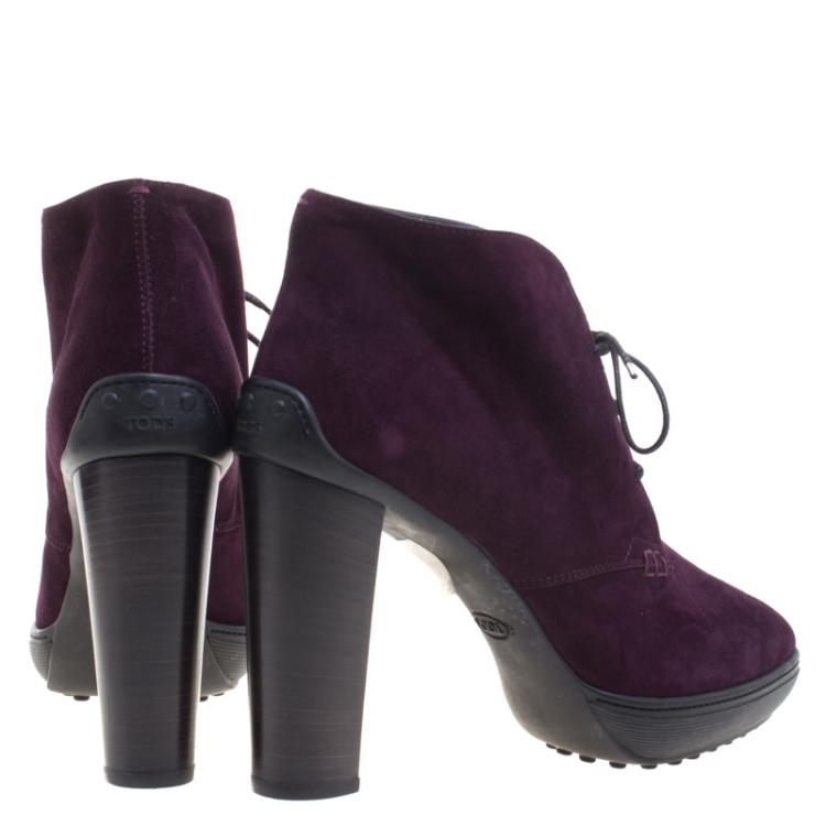 Pre Owned Tod's Purple Suede Block Heel Lace Up Boots Size 40