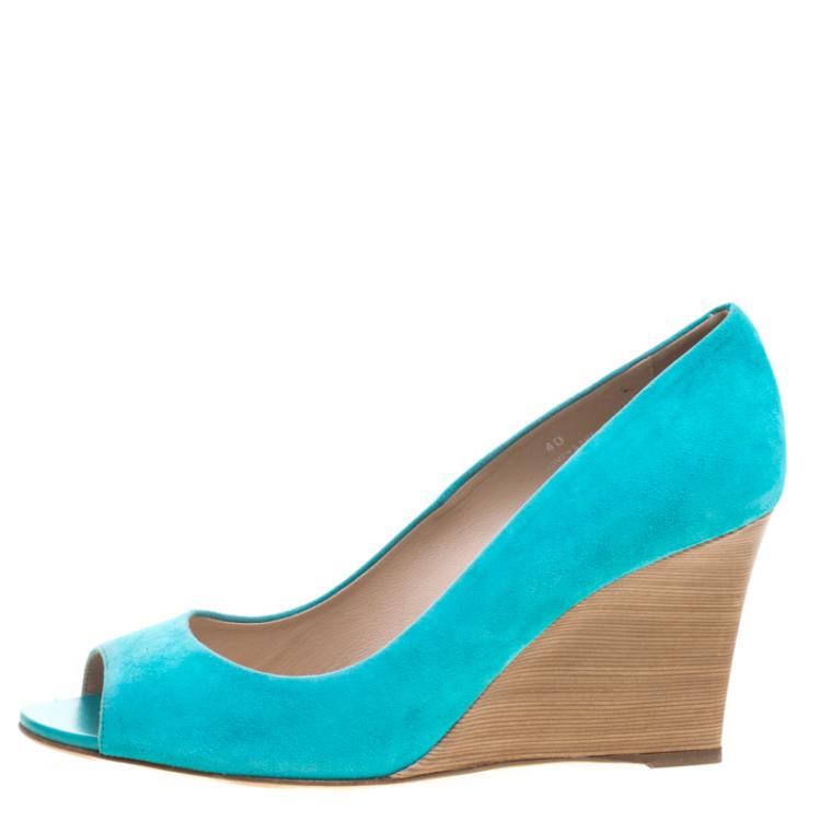 Pre Owned Tod's Turquoise Blue Suede Peep Toe Wedge Pumps Size 40