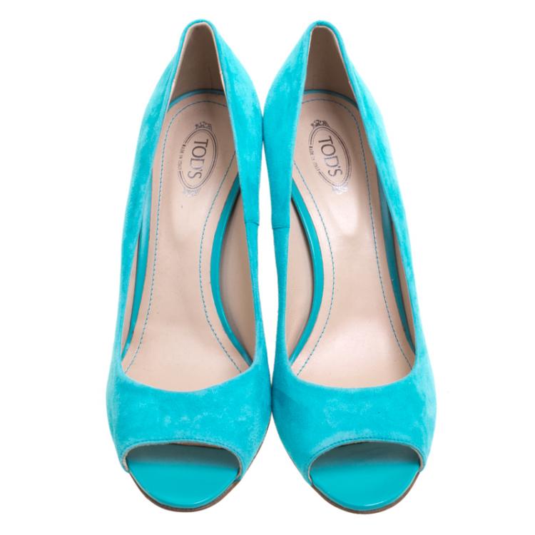 Pre Owned Tod's Turquoise Blue Suede Peep Toe Wedge Pumps Size 40