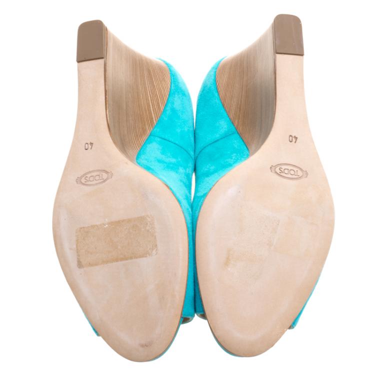 Pre Owned Tod's Turquoise Blue Suede Peep Toe Wedge Pumps Size 40