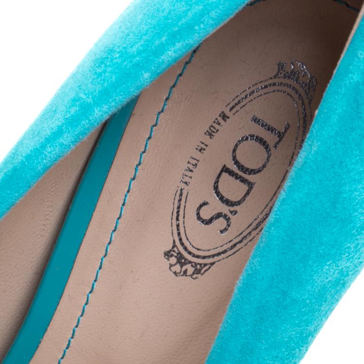 Pre Owned Tod's Turquoise Blue Suede Peep Toe Wedge Pumps Size 40