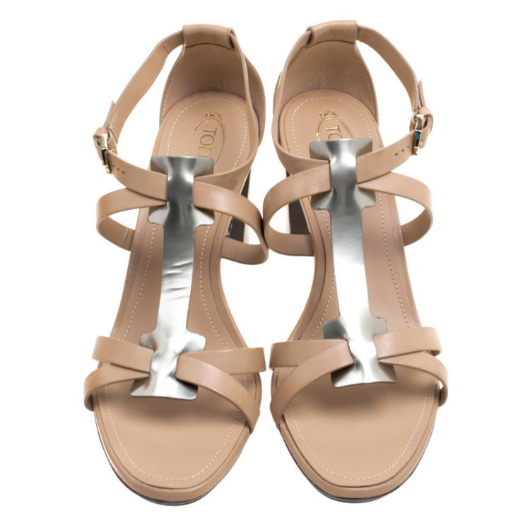 Pre Owned Tod's Beige Leather and Metallic T-Strap Sandals Size 40