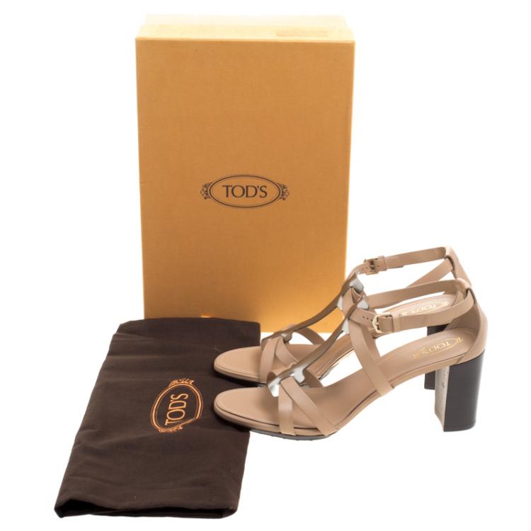 Pre Owned Tod's Beige Leather and Metallic T-Strap Sandals Size 40