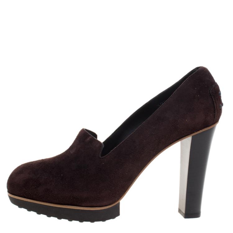 Pre Owned Tod's Brown Suede Loafer Platform Pumps Size 39.5