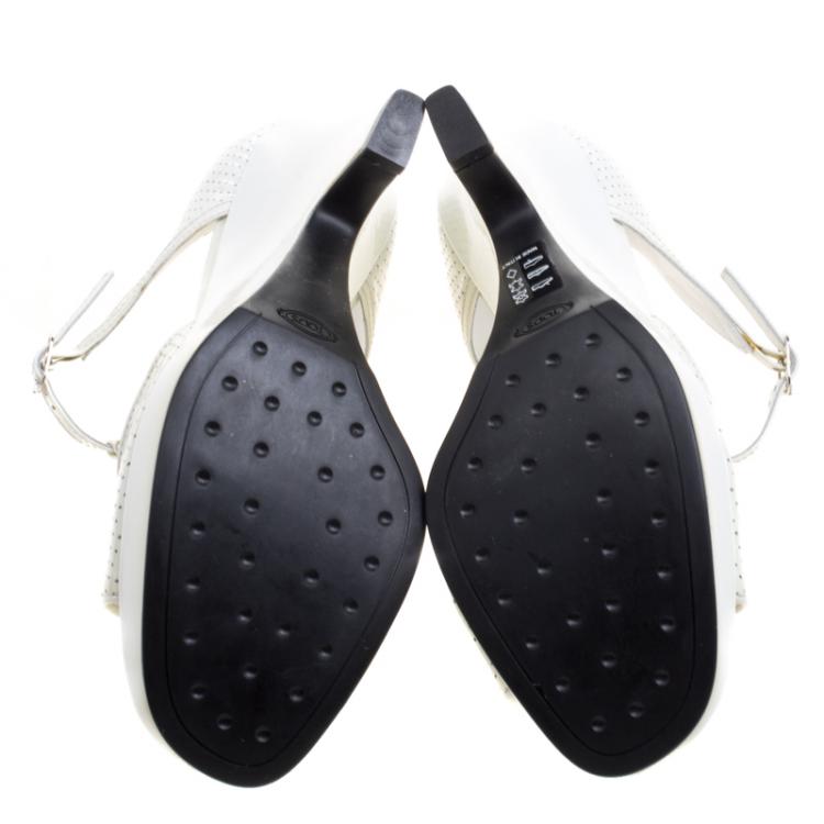 Pre Owned Tod's Off - White Perforated Patent Leather T-Strap Platform Sandals Size 40