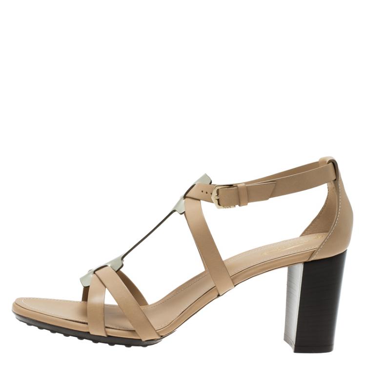 Pre Owned Tod's Beige Leather and Metallic T-Strap Sandals Size 41