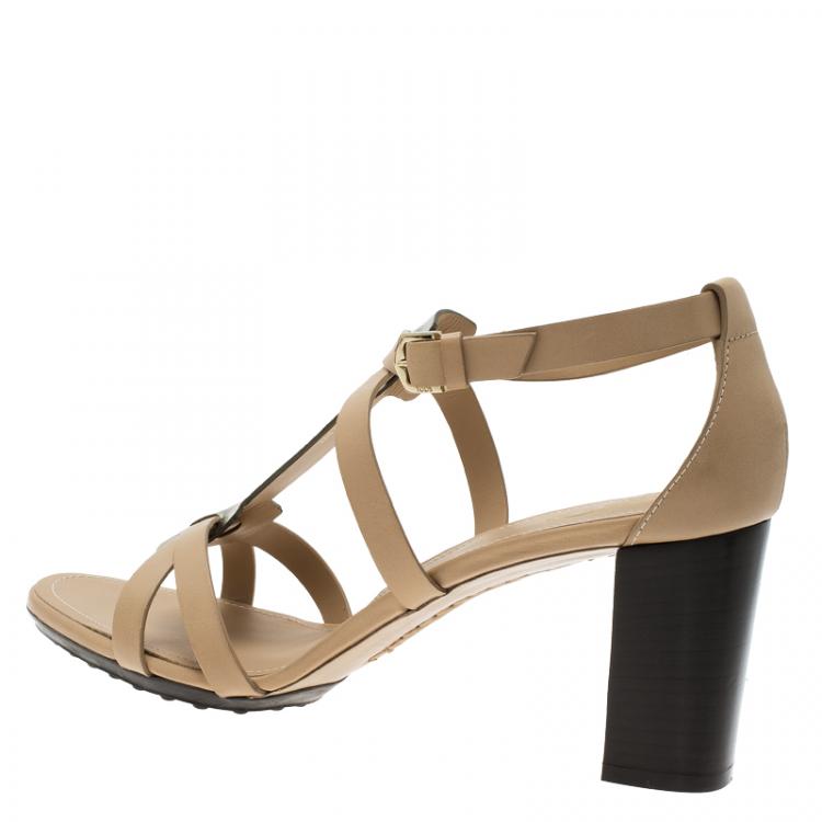 Pre Owned Tod's Beige Leather and Metallic T-Strap Sandals Size 41