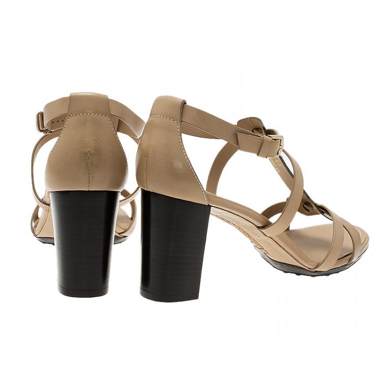 Pre Owned Tod's Beige Leather and Metallic T-Strap Sandals Size 41