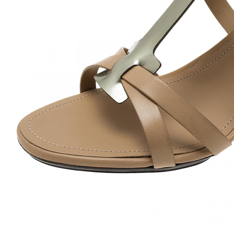 Pre Owned Tod's Beige Leather and Metallic T-Strap Sandals Size 41