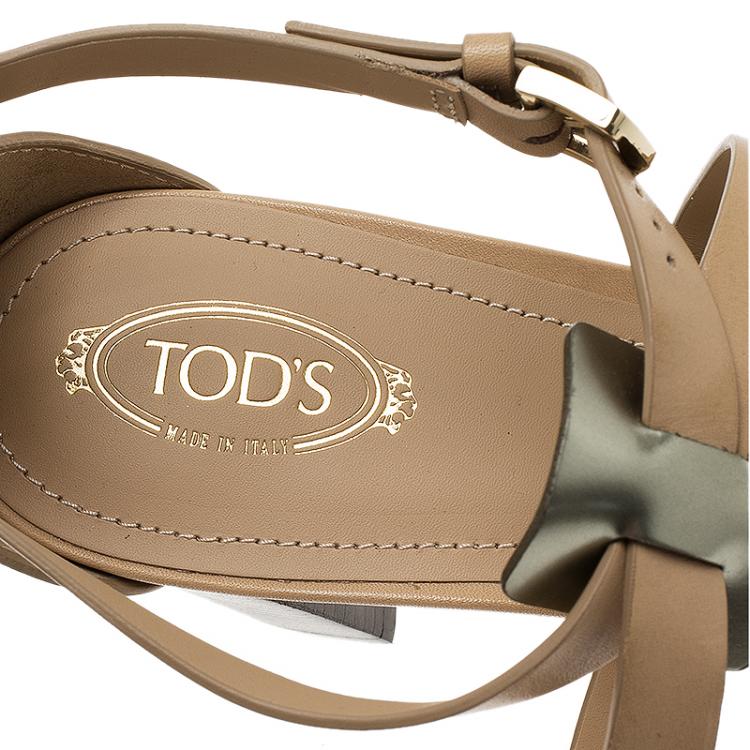 Pre Owned Tod's Beige Leather and Metallic T-Strap Sandals Size 41