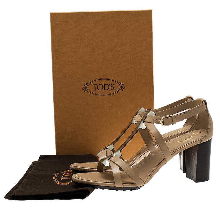 Pre Owned Tod's Beige Leather and Metallic T-Strap Sandals Size 41