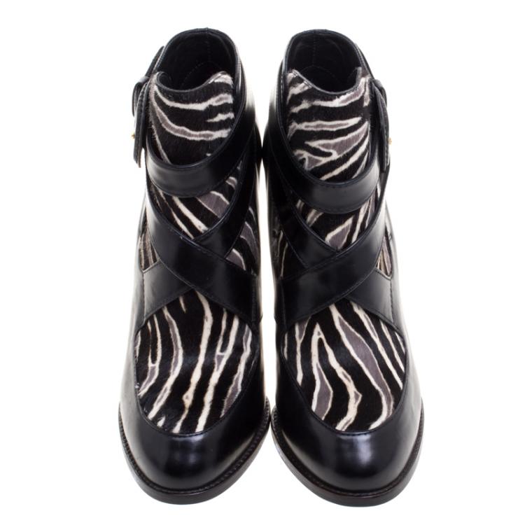 Pre Owned Tod's Black Leather and Zebra Print Hair On Ankle Boots Size 37
