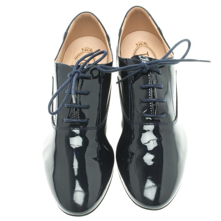 Pre Owned Tod's Oxford Blue Patent Leather Lace Up Oxfords Size 38.5