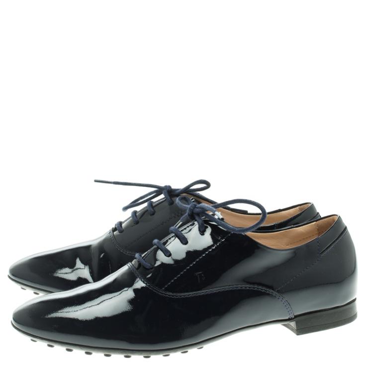 Pre Owned Tod's Oxford Blue Patent Leather Lace Up Oxfords Size 38.5