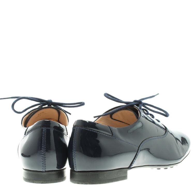 Pre Owned Tod's Oxford Blue Patent Leather Lace Up Oxfords Size 38.5