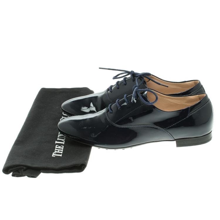 Pre Owned Tod's Oxford Blue Patent Leather Lace Up Oxfords Size 38.5