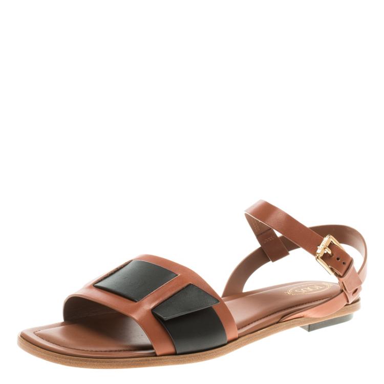 Pre Owned Tod's Two Tone Leather Ankle Strap Flat Sandals Size 40