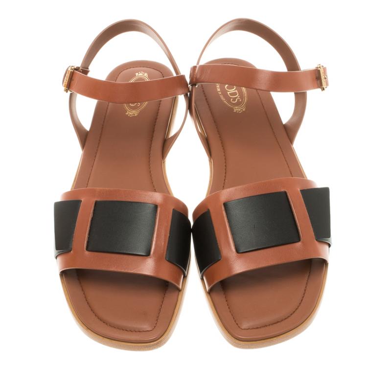 Pre Owned Tod's Two Tone Leather Ankle Strap Flat Sandals Size 40