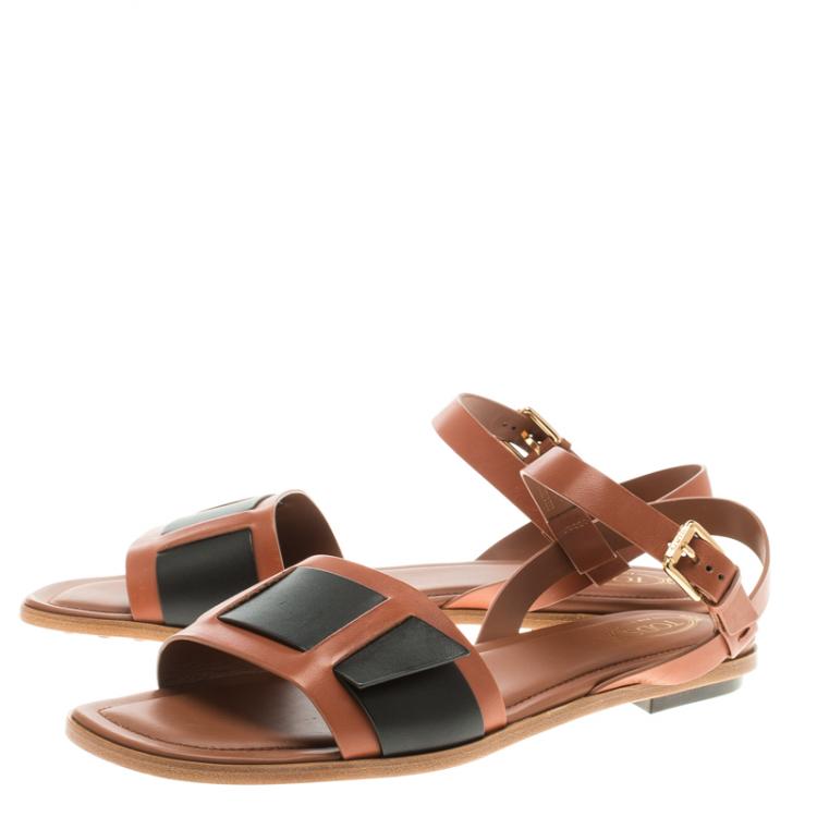 Pre Owned Tod's Two Tone Leather Ankle Strap Flat Sandals Size 40