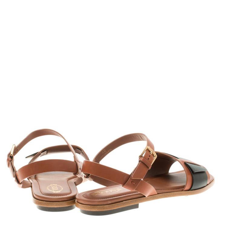 Pre Owned Tod's Two Tone Leather Ankle Strap Flat Sandals Size 40