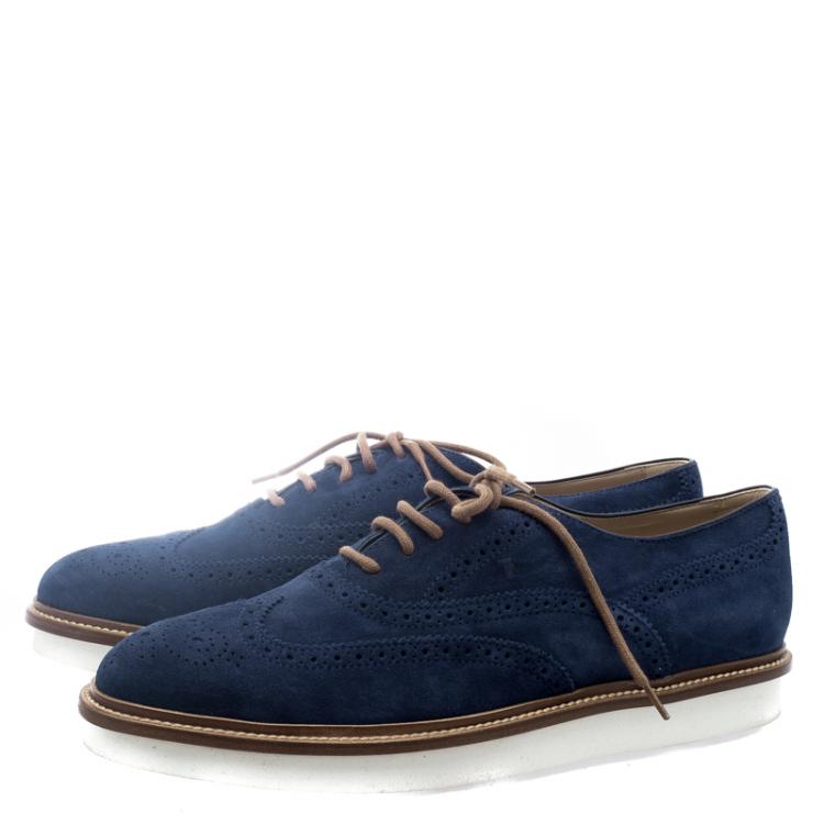 Pre Owned Tod's Blue Suede Brogue Oxfords Size 41.5