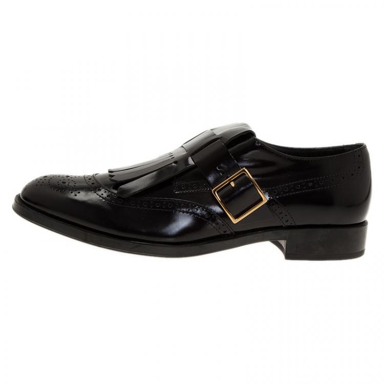 مملوكة مسبقًا Tod's Black Leather Fringe Brogue Derby Size 39.5