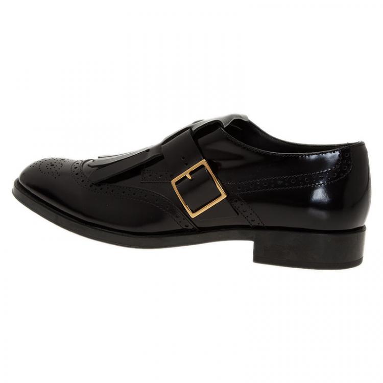مملوكة مسبقًا Tod's Black Leather Fringe Brogue Derby Size 39.5