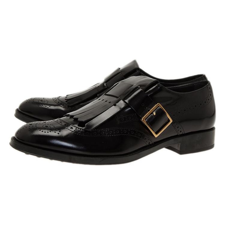 مملوكة مسبقًا Tod's Black Leather Fringe Brogue Derby Size 39.5