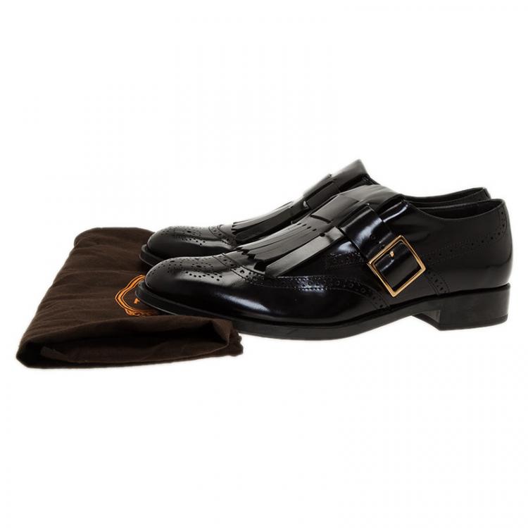 مملوكة مسبقًا Tod's Black Leather Fringe Brogue Derby Size 39.5