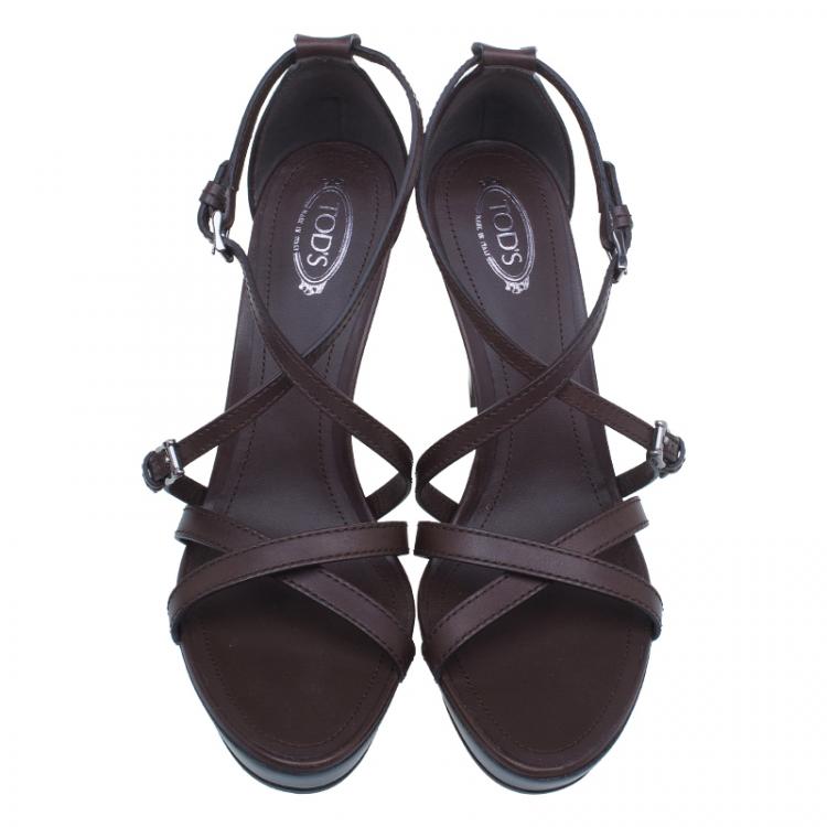Pre Owned Tod's Brown Leather Crisscross Strap Platform Sandals Size 39.5