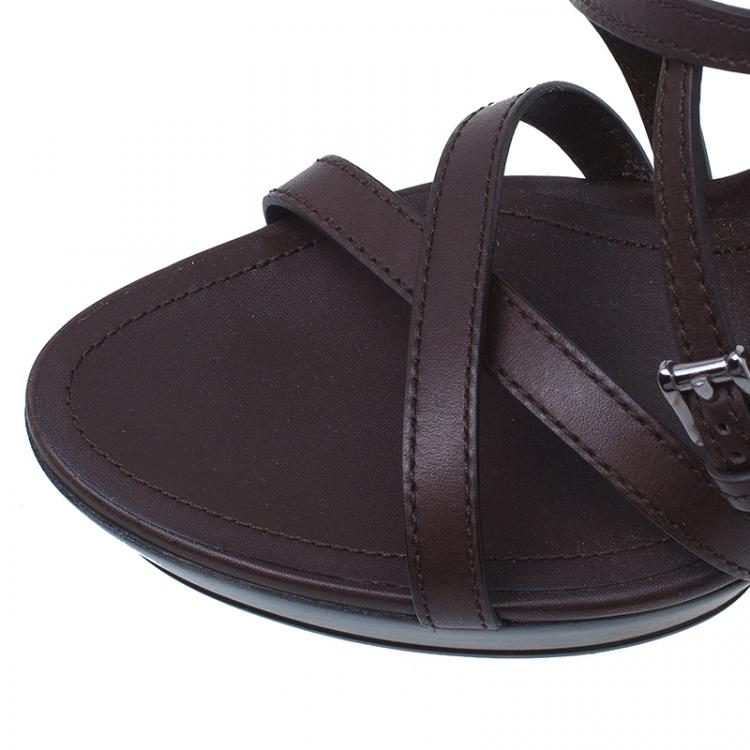 Pre Owned Tod's Brown Leather Crisscross Strap Platform Sandals Size 39.5