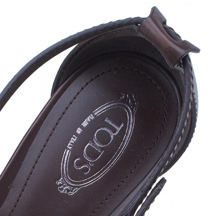 Pre Owned Tod's Brown Leather Crisscross Strap Platform Sandals Size 39.5