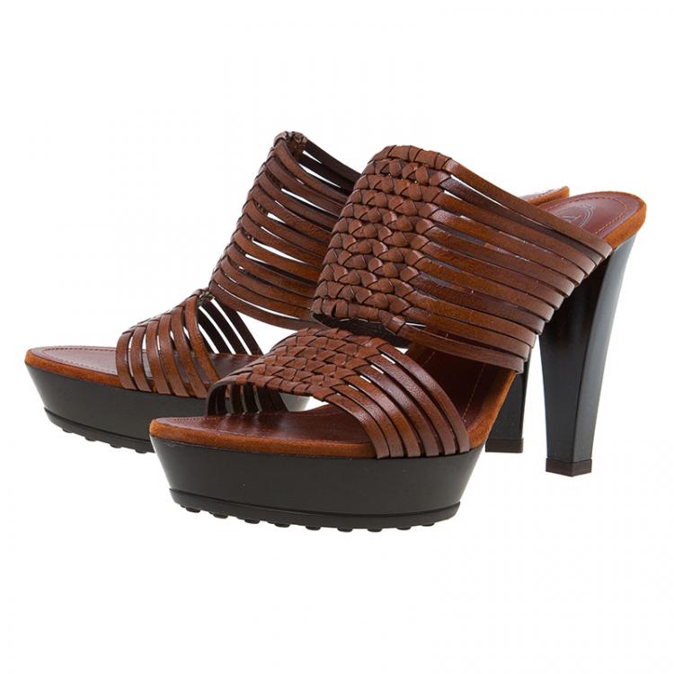 Pre Owned Tod's Brown Leather Strappy Mules Size 38