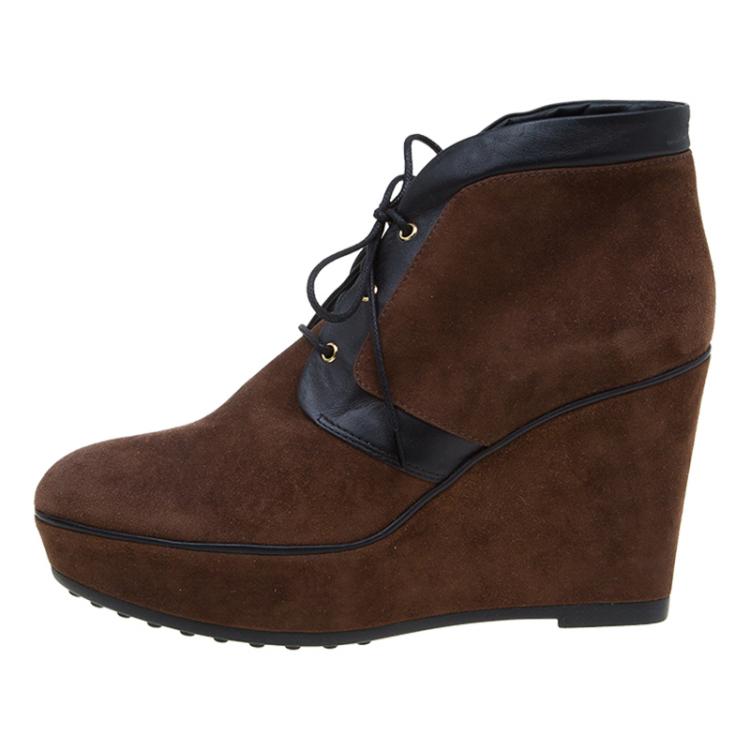 Pre Owned Tod's Brown Suede and Leather Wedge Oxford Booties Size 40