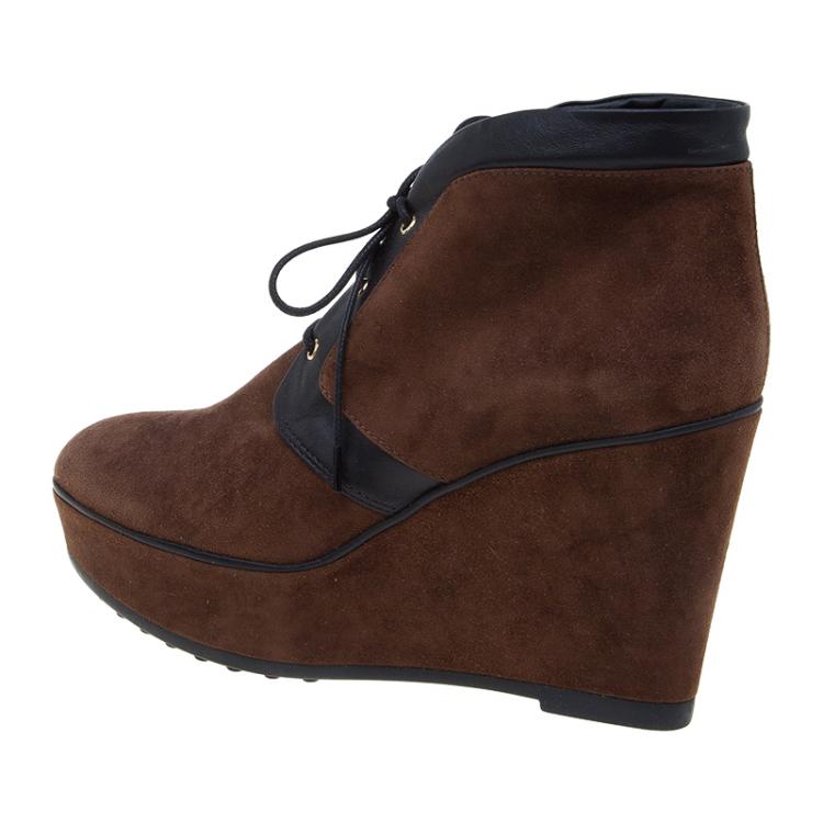 Pre Owned Tod's Brown Suede and Leather Wedge Oxford Booties Size 40