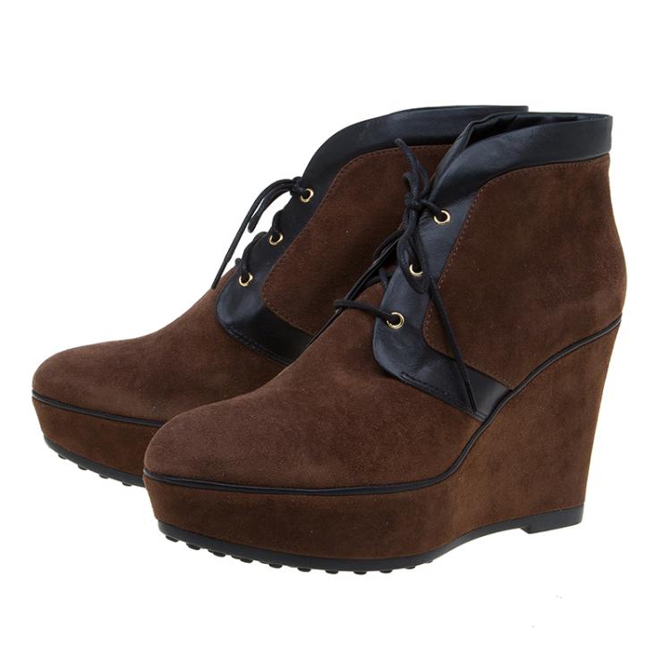 Pre Owned Tod's Brown Suede and Leather Wedge Oxford Booties Size 40