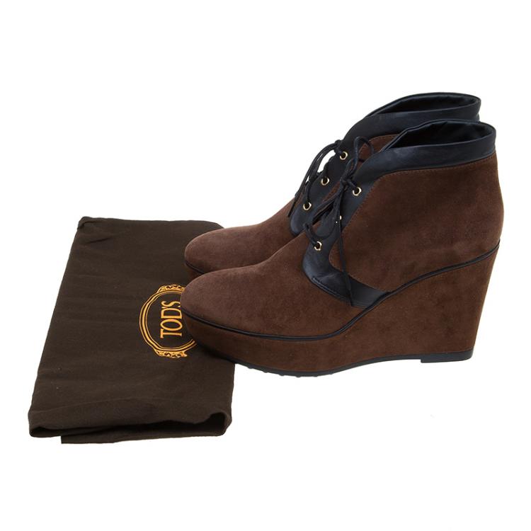 Pre Owned Tod's Brown Suede and Leather Wedge Oxford Booties Size 40
