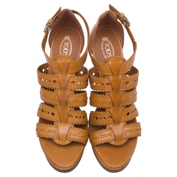Pre Owned Tod's Tan Leather Cut Out Caged Sandals Size 39.5