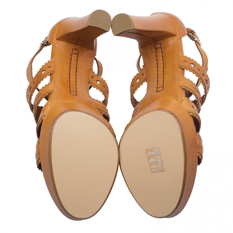 Pre Owned Tod's Tan Leather Cut Out Caged Sandals Size 39.5
