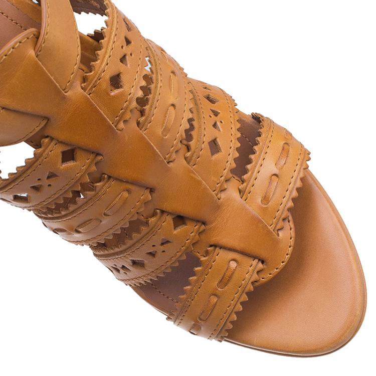 Pre Owned Tod's Tan Leather Cut Out Caged Sandals Size 39.5