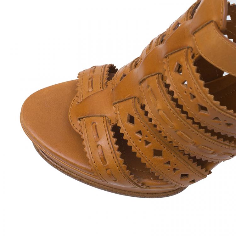 Pre Owned Tod's Tan Leather Cut Out Caged Sandals Size 39.5