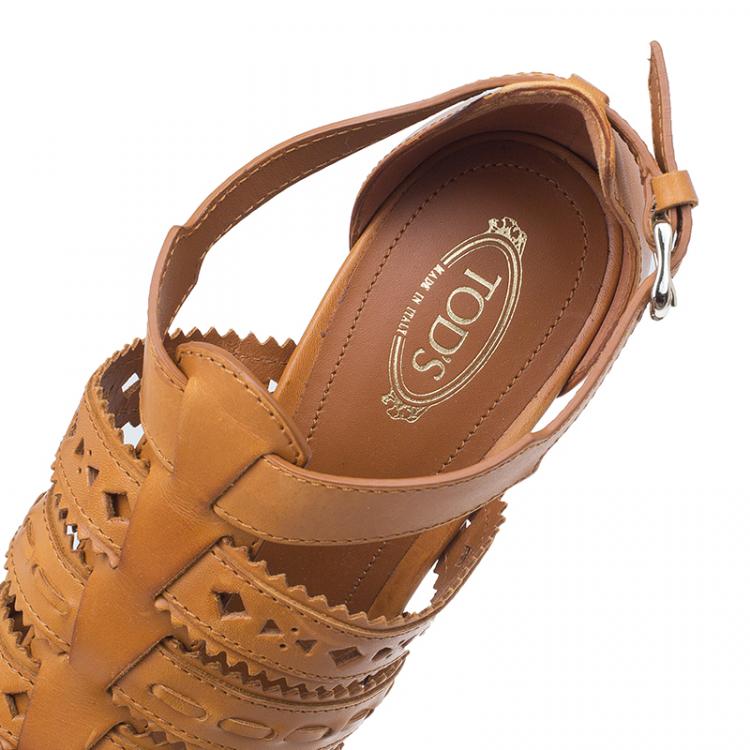 Pre Owned Tod's Tan Leather Cut Out Caged Sandals Size 39.5
