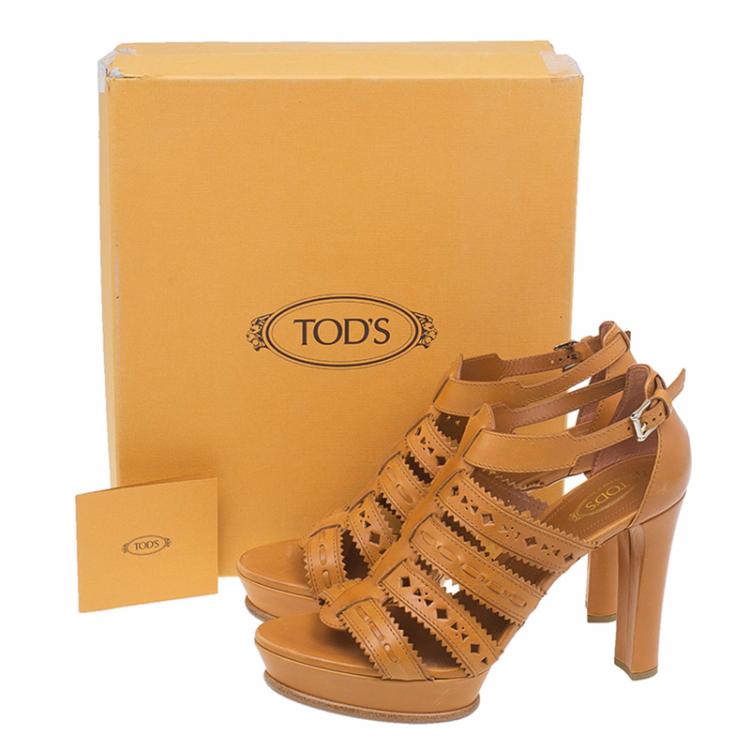 Pre Owned Tod's Tan Leather Cut Out Caged Sandals Size 39.5